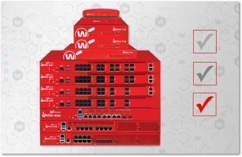 stack of red WatchGuard Firebox tabletop and rackmount firewalls