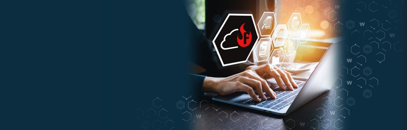 WatchGuard FireCloud icon floating between a user and their laptop
