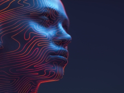 A digital 3D rendering of a human face in profile, illuminated in blue with glowing red contour lines, symbolizing identity, data, and cybersecurity in the age of AI.