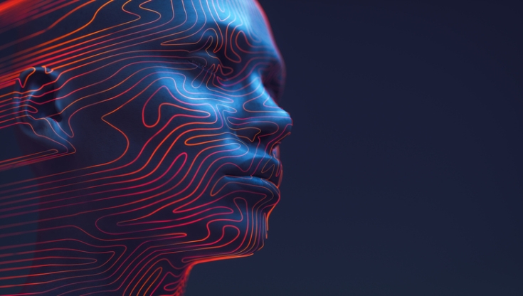 A digital 3D rendering of a human face in profile, illuminated in blue with glowing red contour lines, symbolizing identity, data, and cybersecurity in the age of AI.
