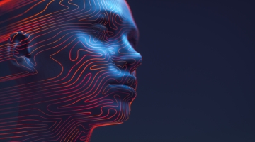 A digital 3D rendering of a human face in profile, illuminated in blue with glowing red contour lines, symbolizing identity, data, and cybersecurity in the age of AI.