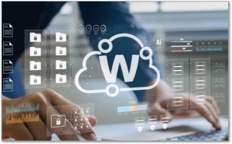 hands on a keyboard with a floating WatchGuard Cloud icon and screen imposed on top