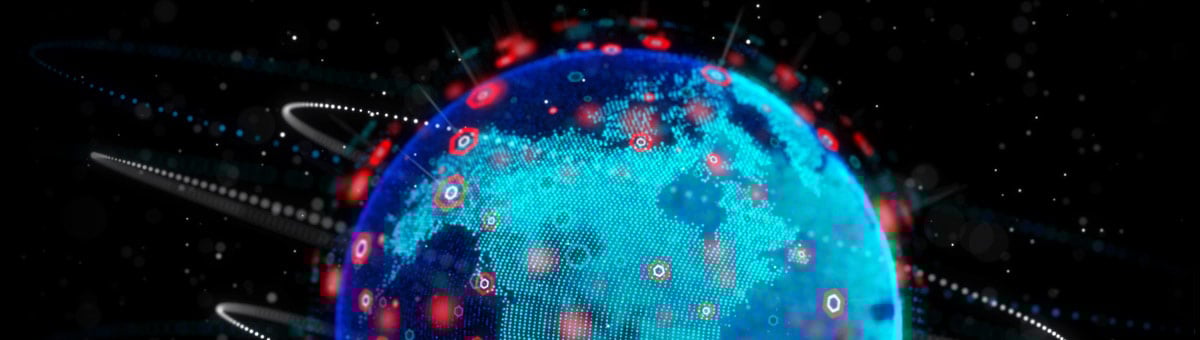 Bright blue globe with red spots around the surface and white lines orbiting it