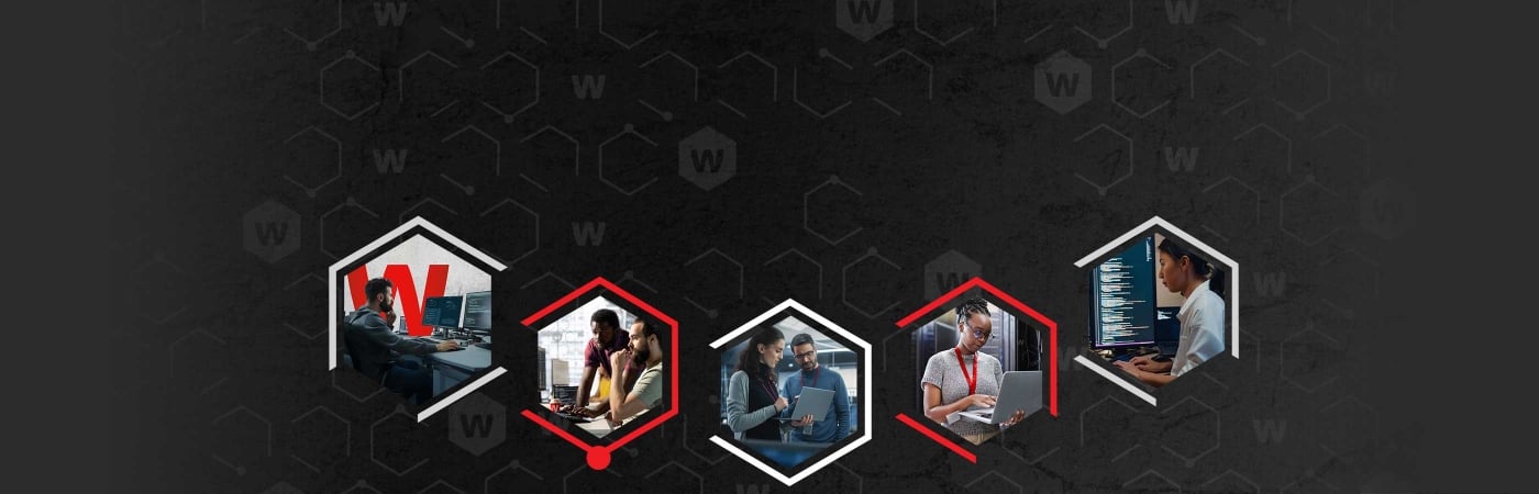 Cybersecurity workers in their offices and homes inside white and red hexagons