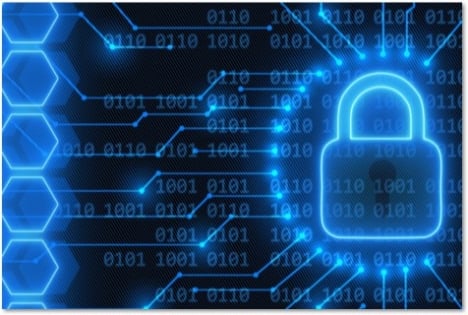 glowing blue lock icon on a circuit board schema with glowing lights all over