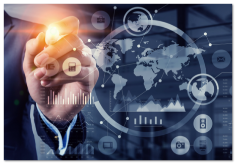 Hand behind a glass screen with an world surrounded by icons in front