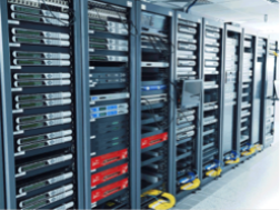 Red Fireboxes in a server room rack